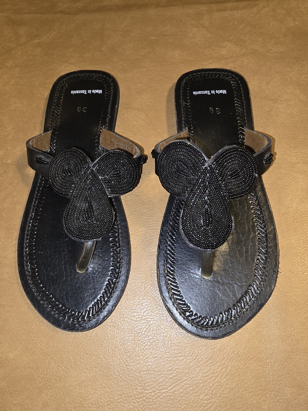 Black Beaded Thong Sandals - Made in Tanzania